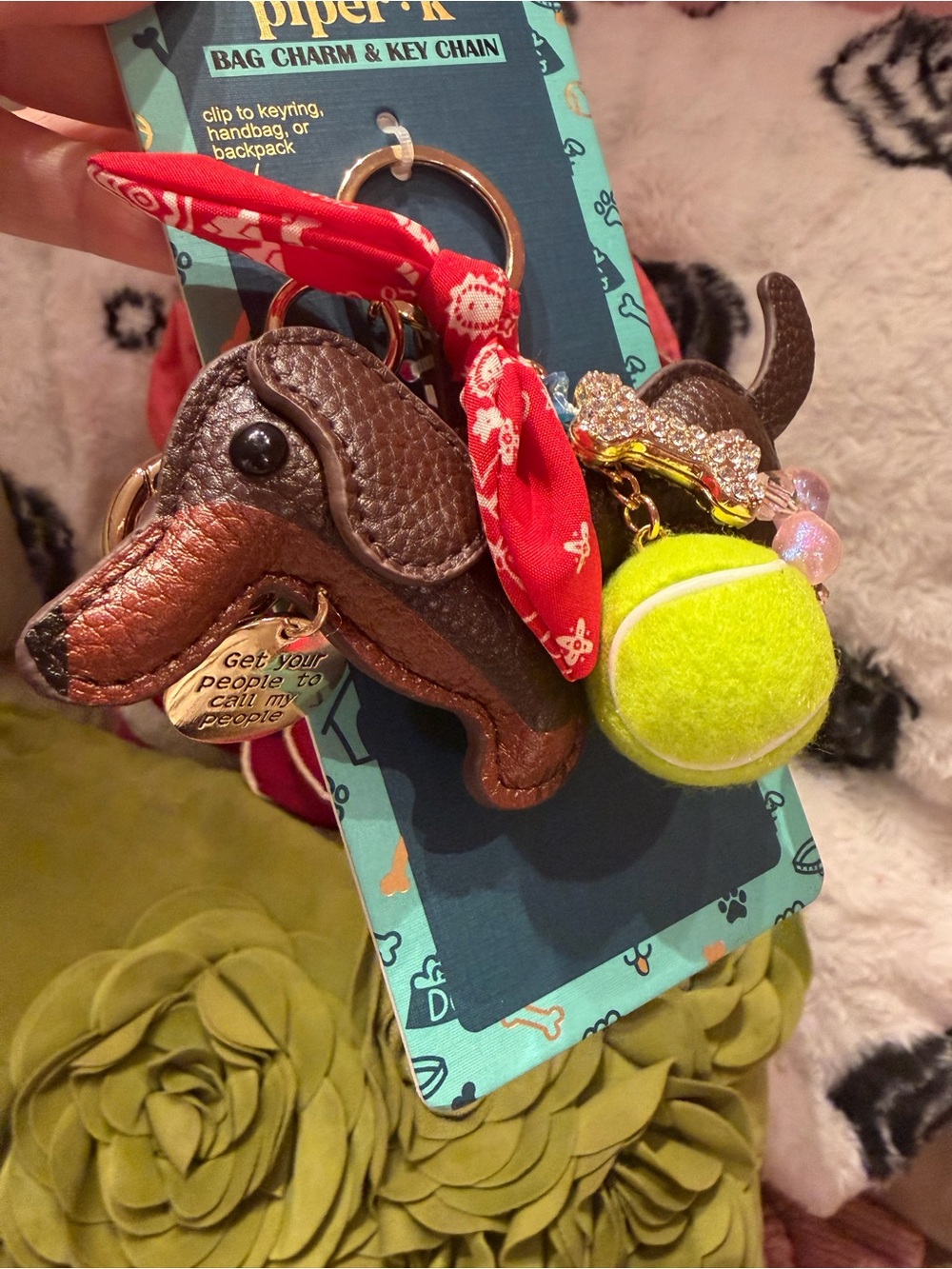 Piper Brown Dachshund Bag Charm Key Chain with Yellow Tennis Ball - Picture 3 of 4